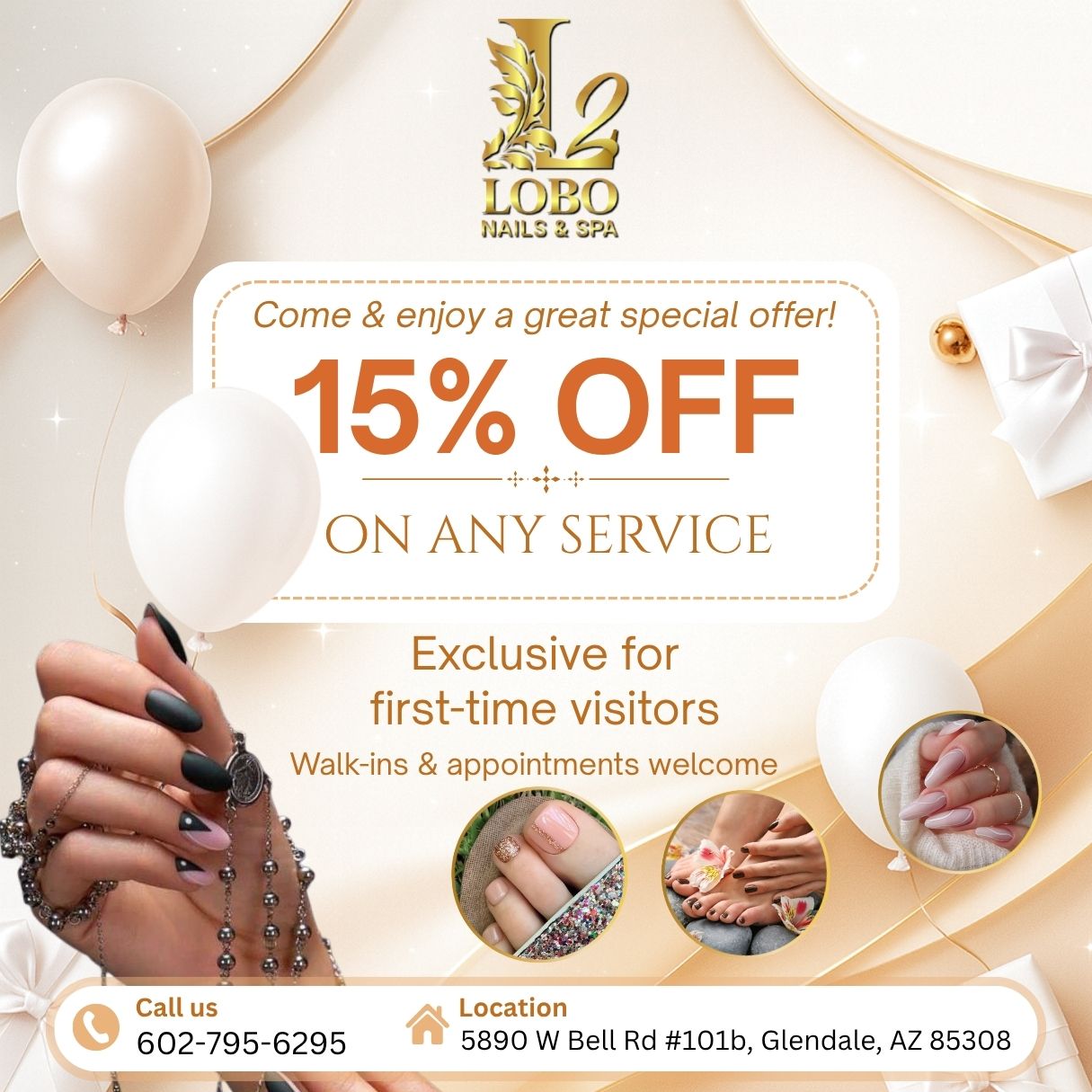 Enjoy a sensational 15% OFF ANY SERVICE on your 1st visit at Lobo Nails & Spa Salon 2 in Glendale, AZ 85308